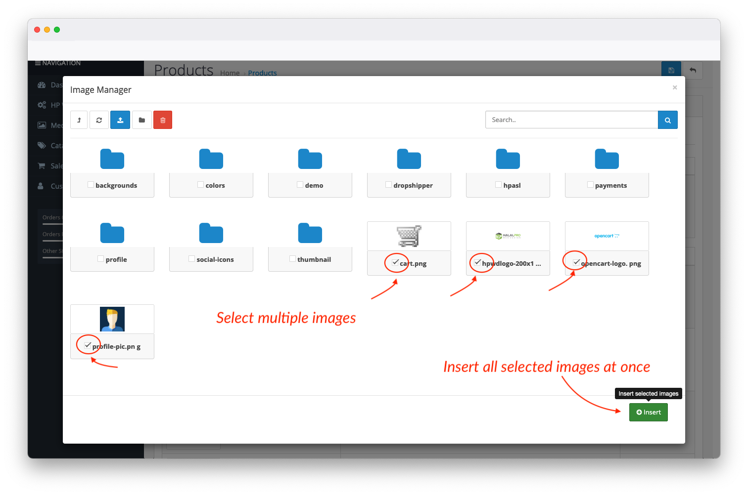 insert multiple image on opencart file manager